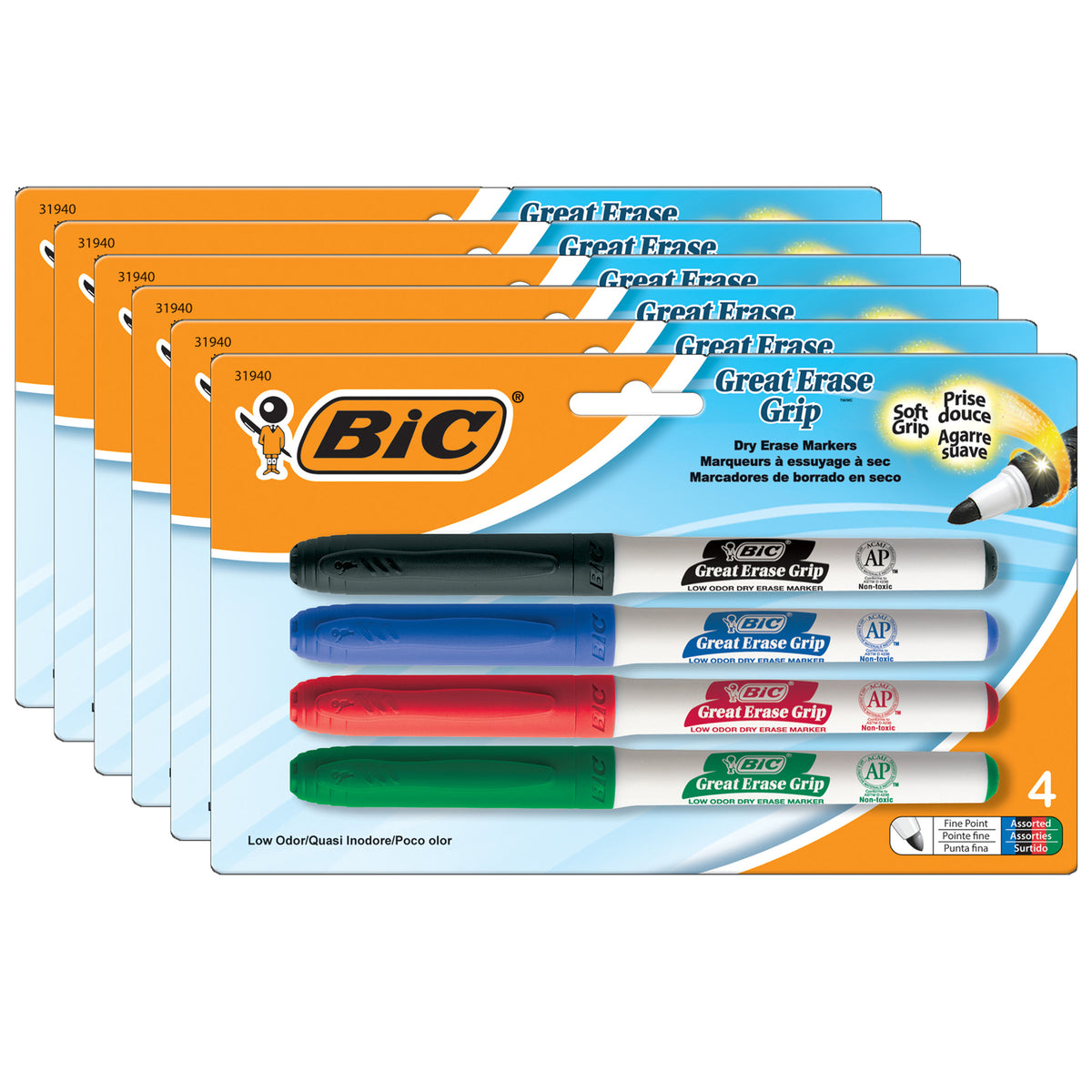 Great Erase® Low Odor Dry Erase Markers, Fine Point, Assorted Colors, 4 Per Pack, 6 Packs