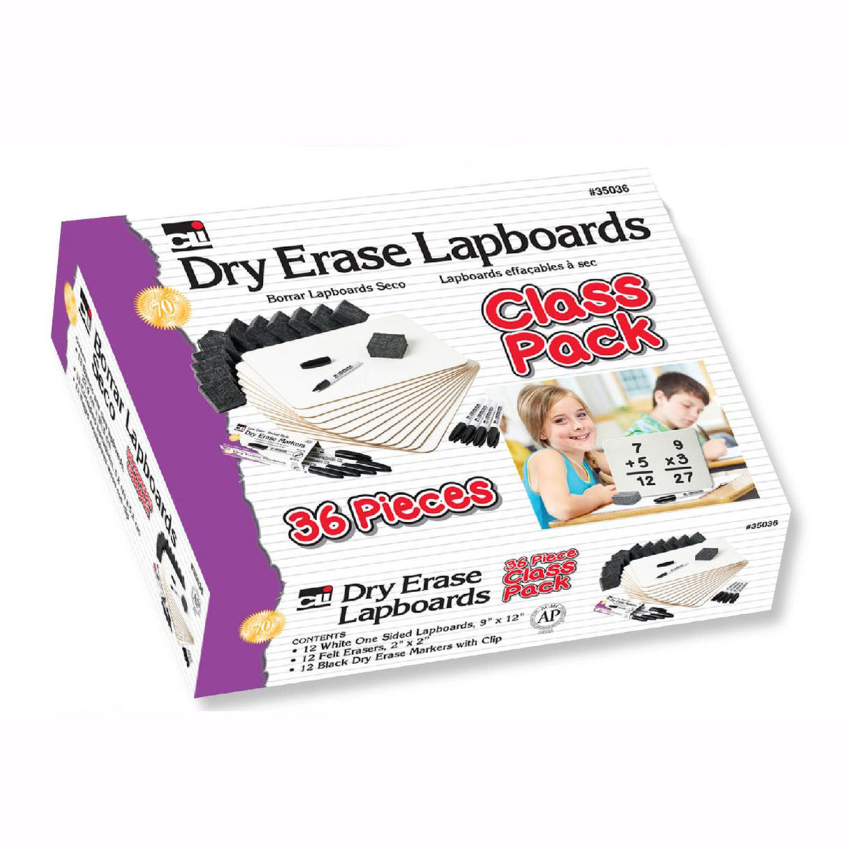 Dry Erase Lapboard Class Pack, Plain 1-Sided Boards, Markers &amp; Erasers, Pack of 12