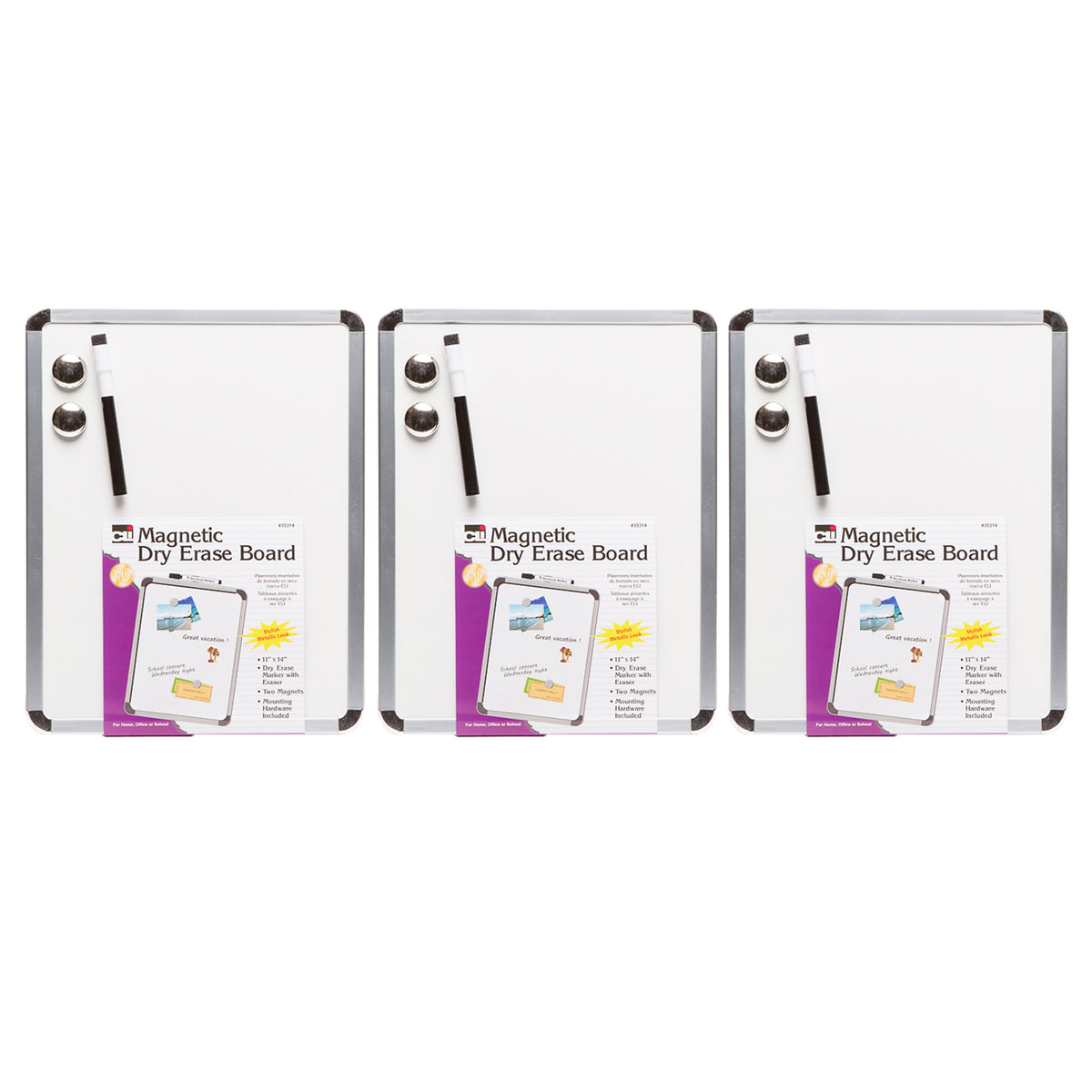 Framed Magnetic Dry Erase Board with Marker &amp; Magnets, Silver Frame, 11&quot; x 14&quot;, Pack of 3