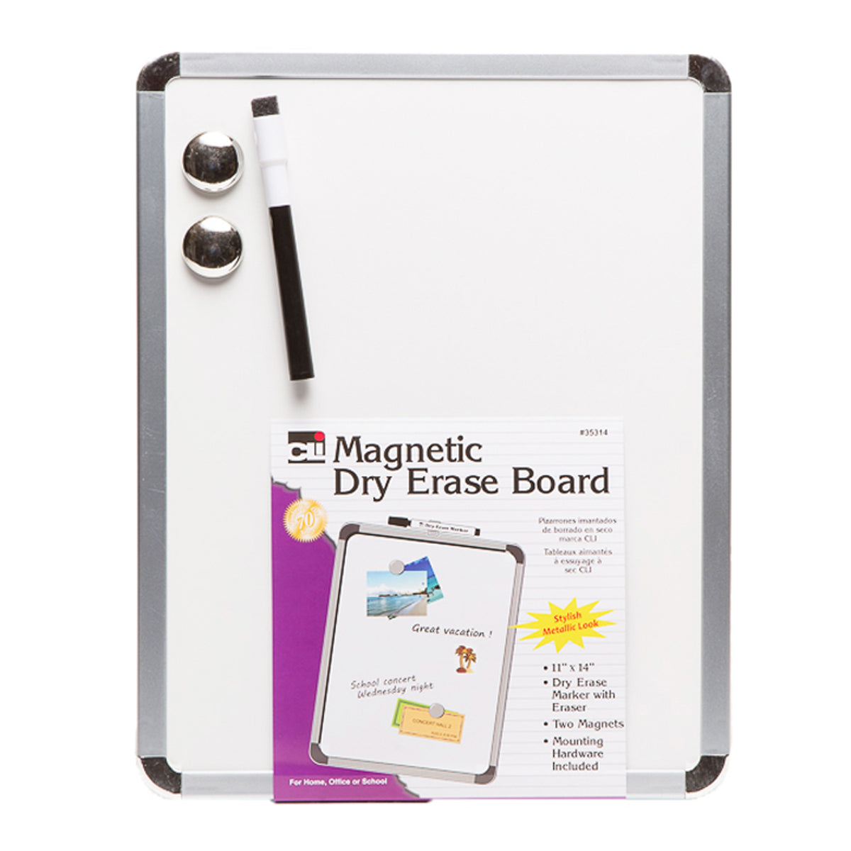 Framed Magnetic Dry Erase Board with Marker &amp; Magnets, Silver Frame, 11&quot; x 14&quot;