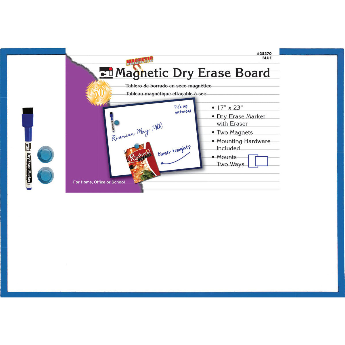 Magnetic Dry Erase Board, 17&quot; x 23&quot;, w-Eraser-Marker and 2 Magnets, Blue Frame, 1 Each