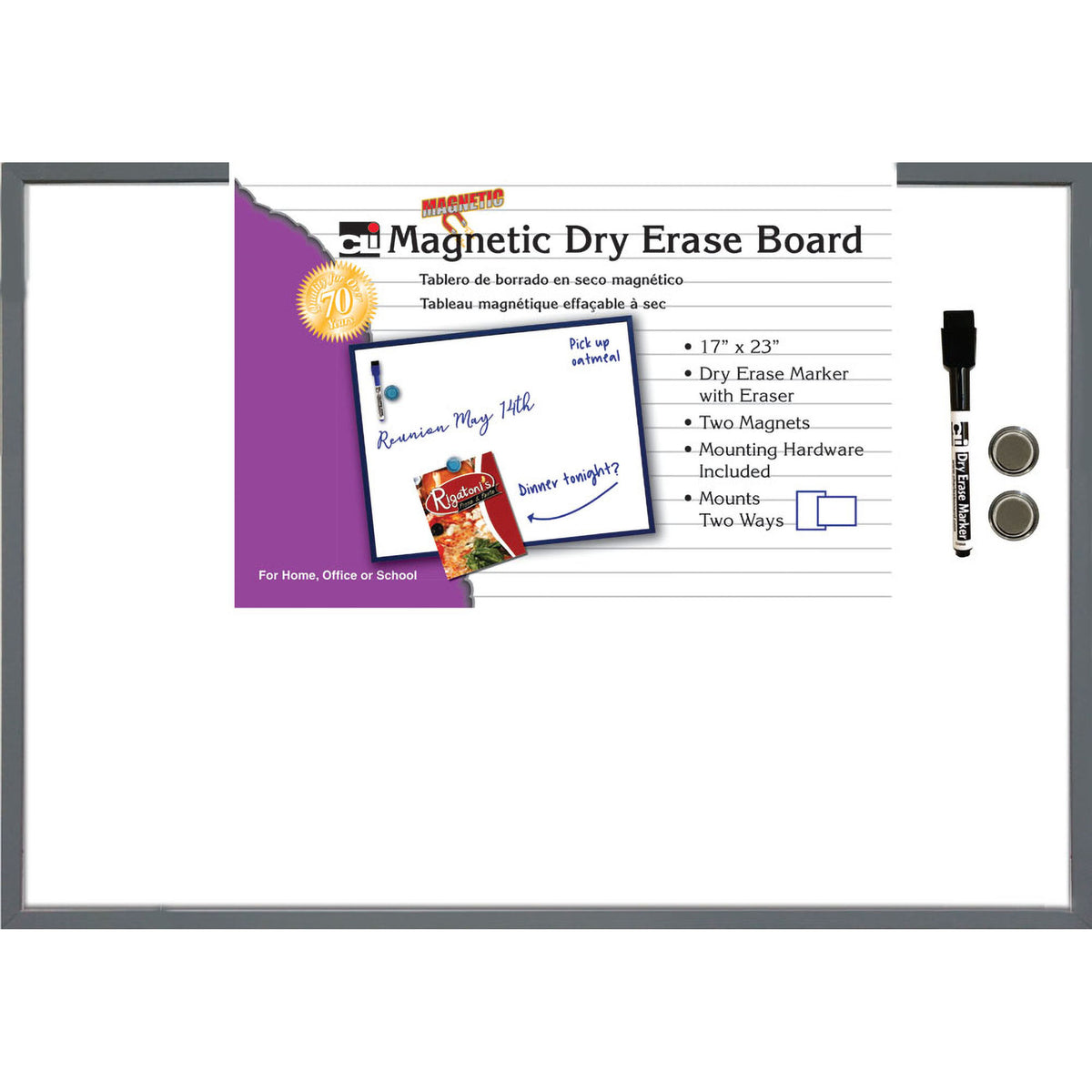 Magnetic Dry Erase Board, 17&quot; x 23&quot;, w-Eraser-Marker and 2 Magnets, Gray Frame, 1 Each