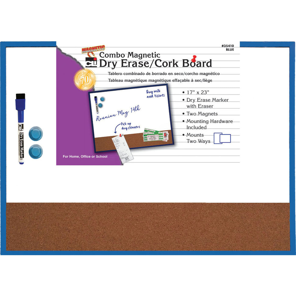 Magnetic Dry Erase Board with Cork Board, 17&quot; x 23&quot;, w-Eraser-Marker and 2 Magnets, Blue Frame, 1 Each