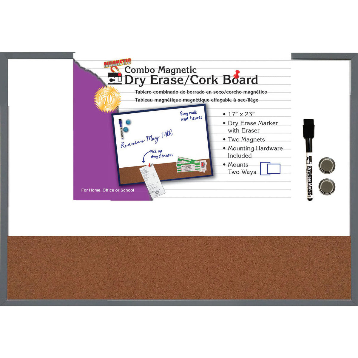 Magnetic Dry Erase Board with Cork Board, 17&quot; x 23&quot;, w-Eraser-Marker and 2 Magnets, Gray Frame, 1 Each