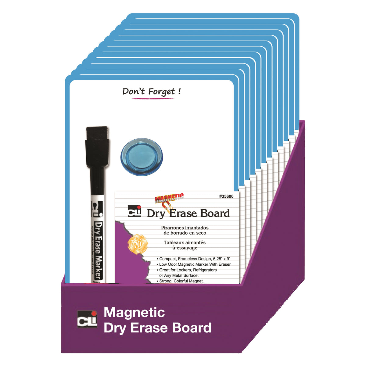 Magnetic Mini Dry Erase Boards, 6-1-4&quot; x 9&quot;, Marker w-Eraser and 1 Magnet, Blue Frame, Pack of 12