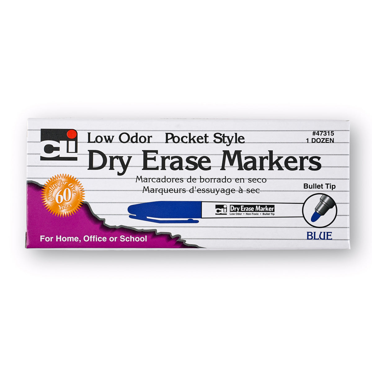 Dry Erase Markers, Pocket Style, Blue, Bullet Tip, Pack of 12