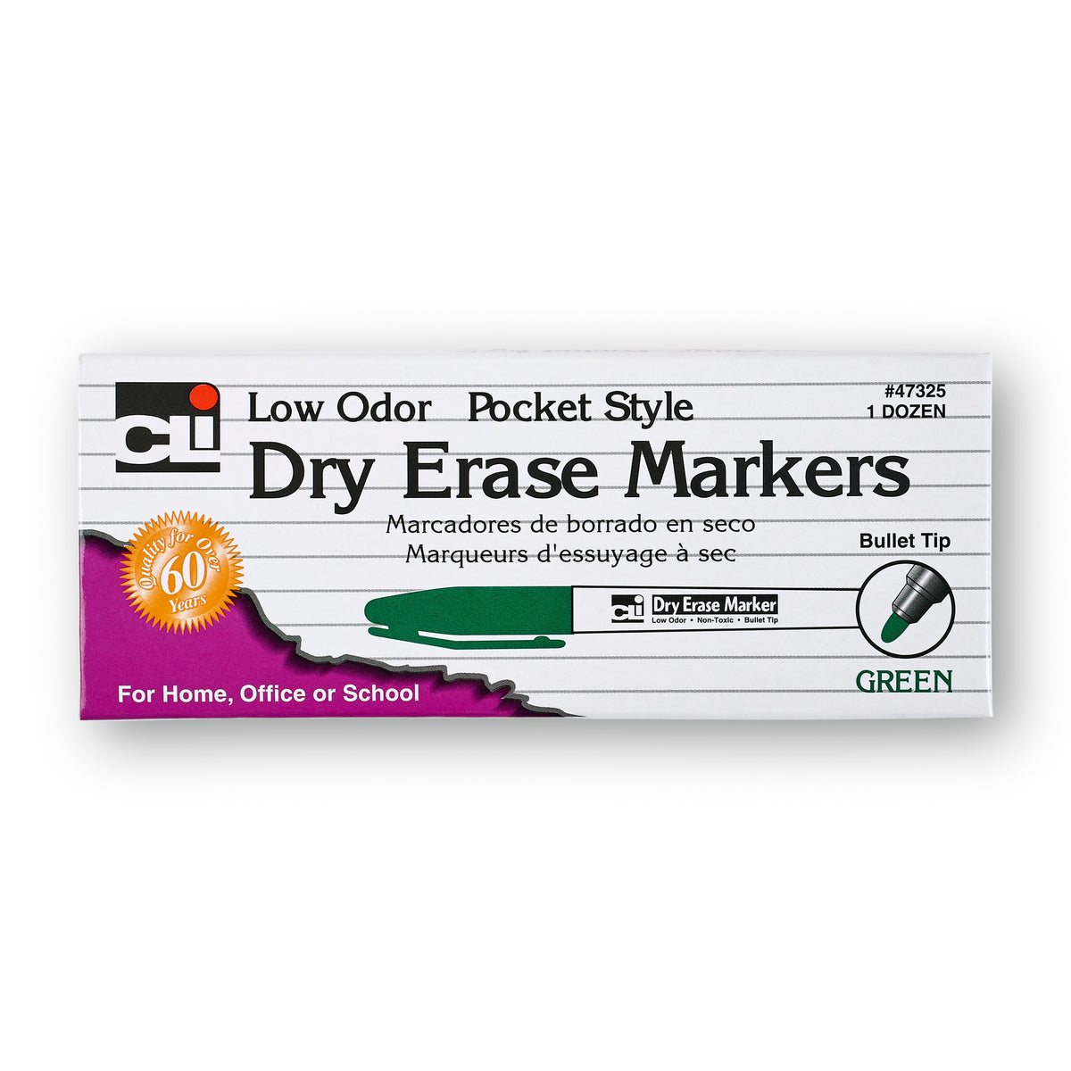 Dry Erase Markers, Pocket Style, Green, Bullet Tip, Pack of 12