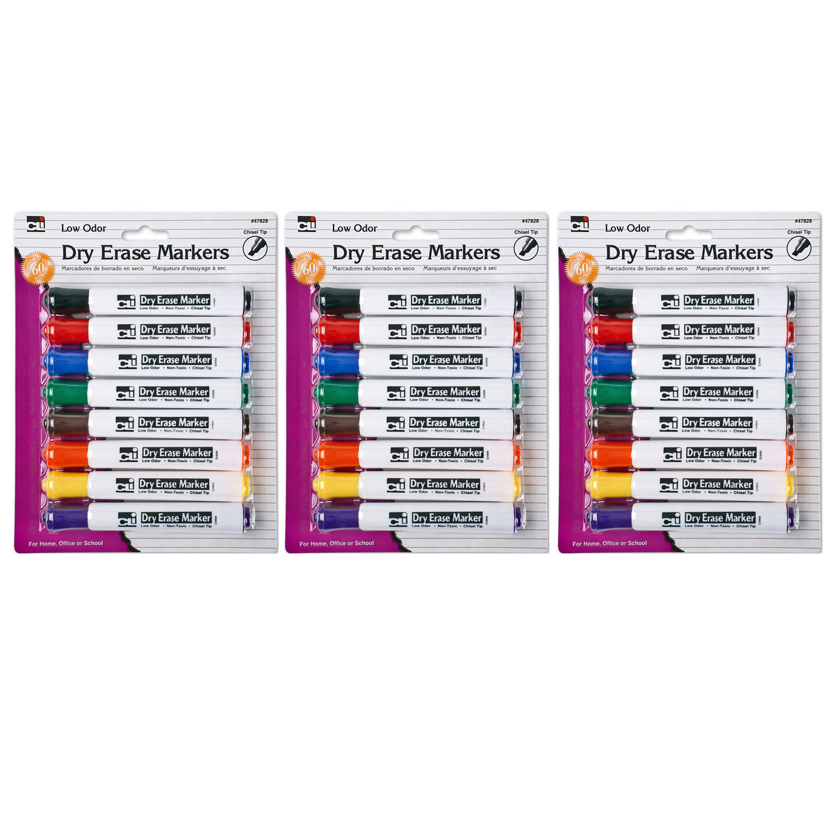 Dry Erase Markers, Barrel Style, Low Odor, Chisel Tip, Assorted Colors, 8 Per Pack, 3 Packs