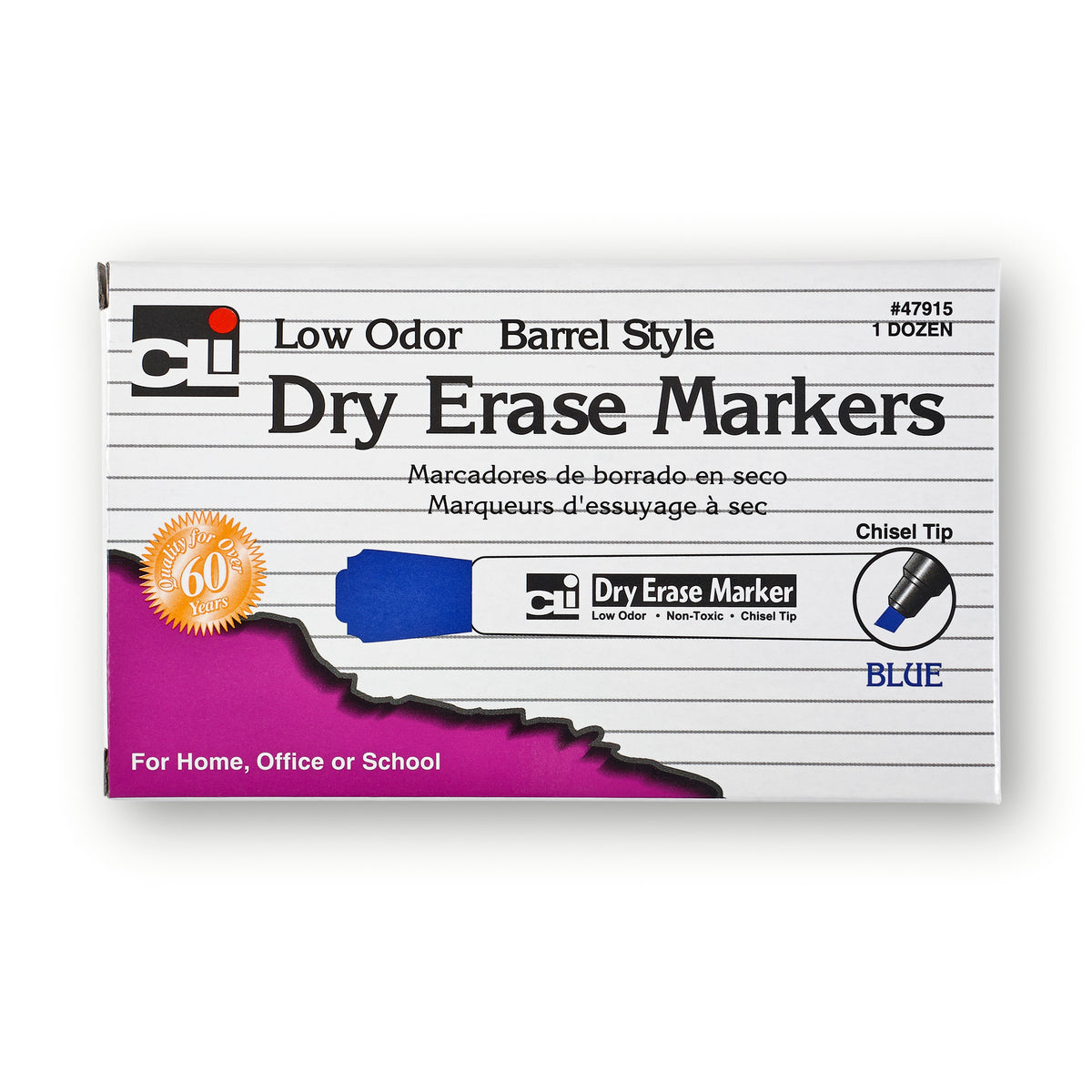 Dry Erase Markers, Barrel Style, Chisel Tip, Blue, Pack of 12