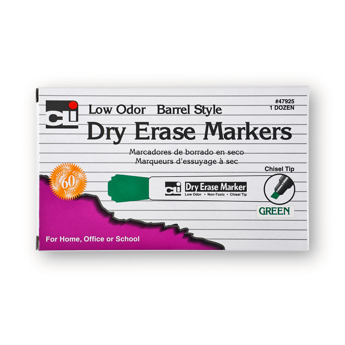 Dry Erase Markers, Barrel Style, Chisel Tip, Green, Pack of 12