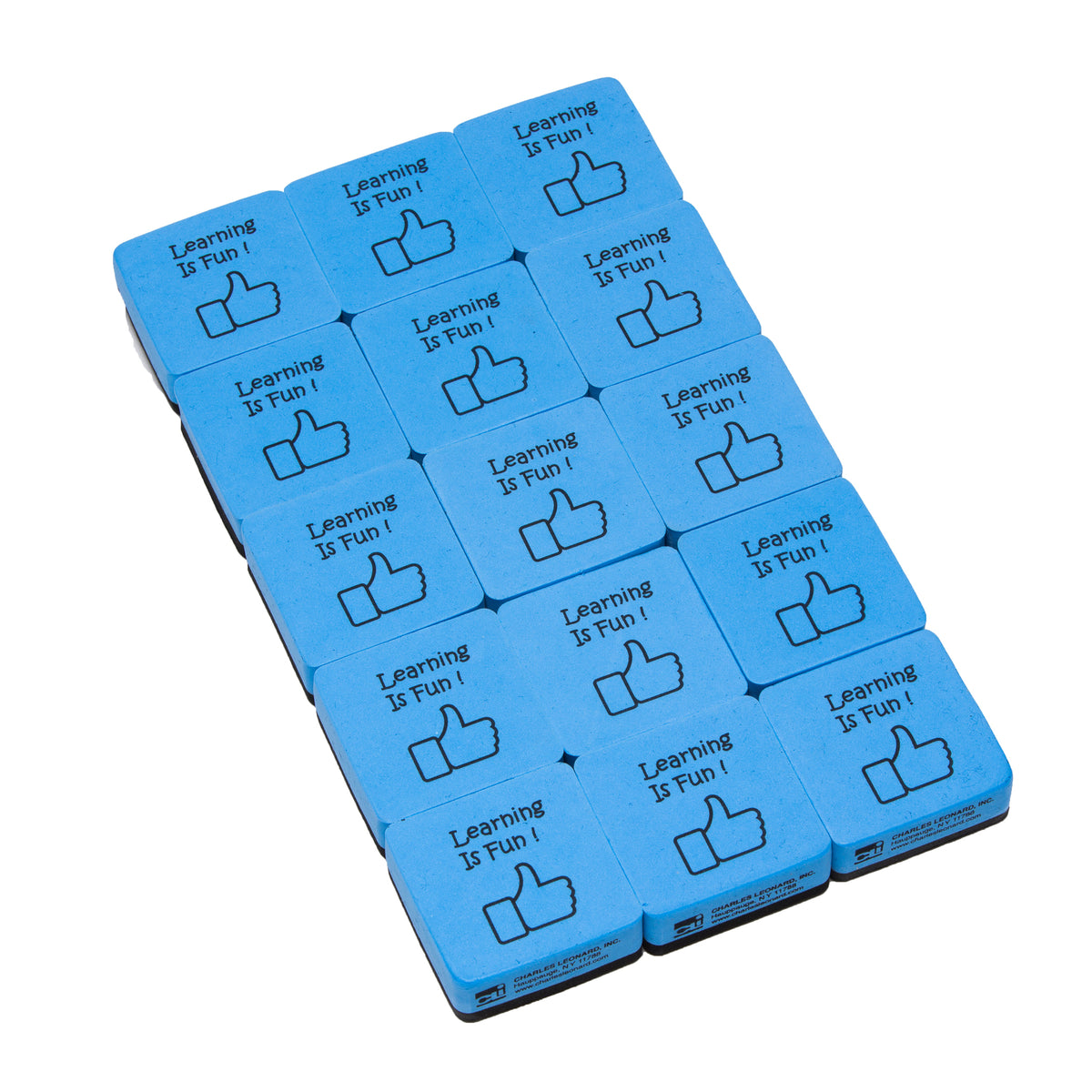 Mini Whiteboard Eraser, Felt-Foam, 2&quot;x2&quot; &quot;Learning is Fun&quot;, Blue-Black, 15 Per Pack, 3 Packs