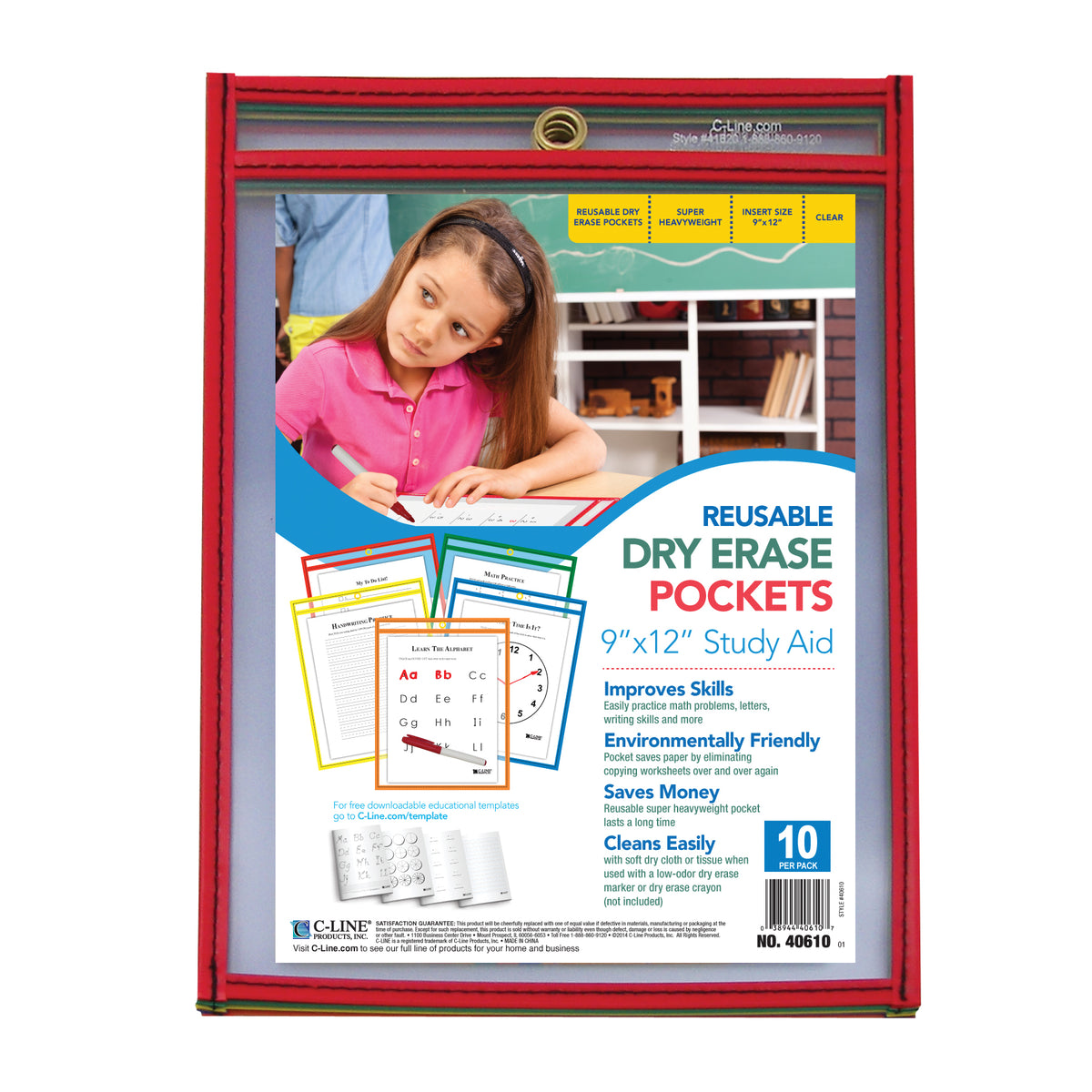 Reusable Dry Erase Pockets, Primary Colors, 9 x 12, Pack of 10