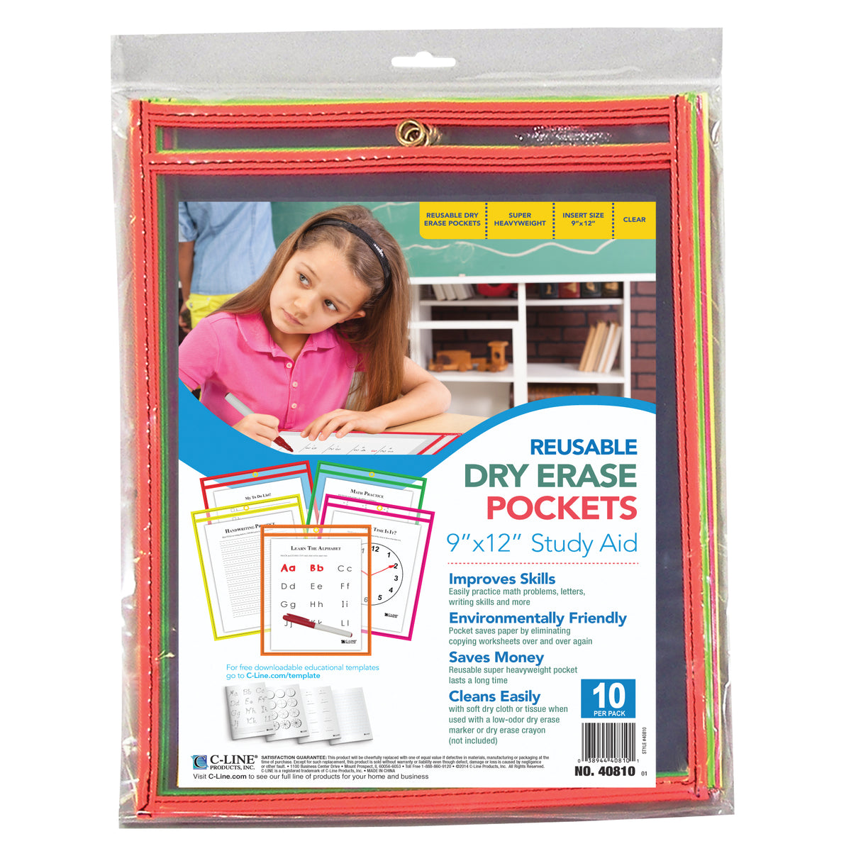 Reusable Dry Erase Pockets, Neon Colors, 9 x 12, Pack of 10