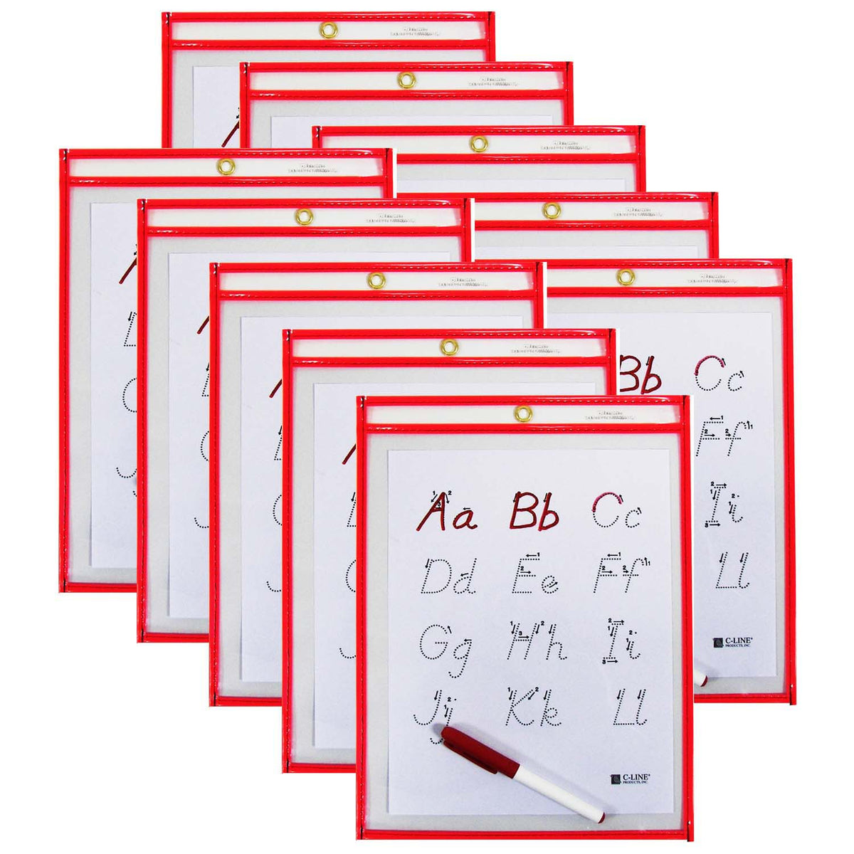 Reusable Dry Erase Pocket - Study Aid, Neon Red, 9&quot; x 12&quot;, Pack of 10