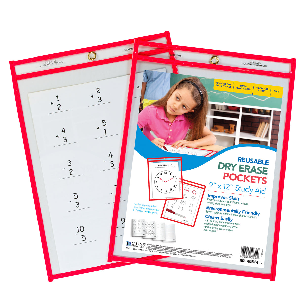 Reusable Dry Erase Pocket, Red Neon, 9&quot; x 12&quot;, 1 Pocket