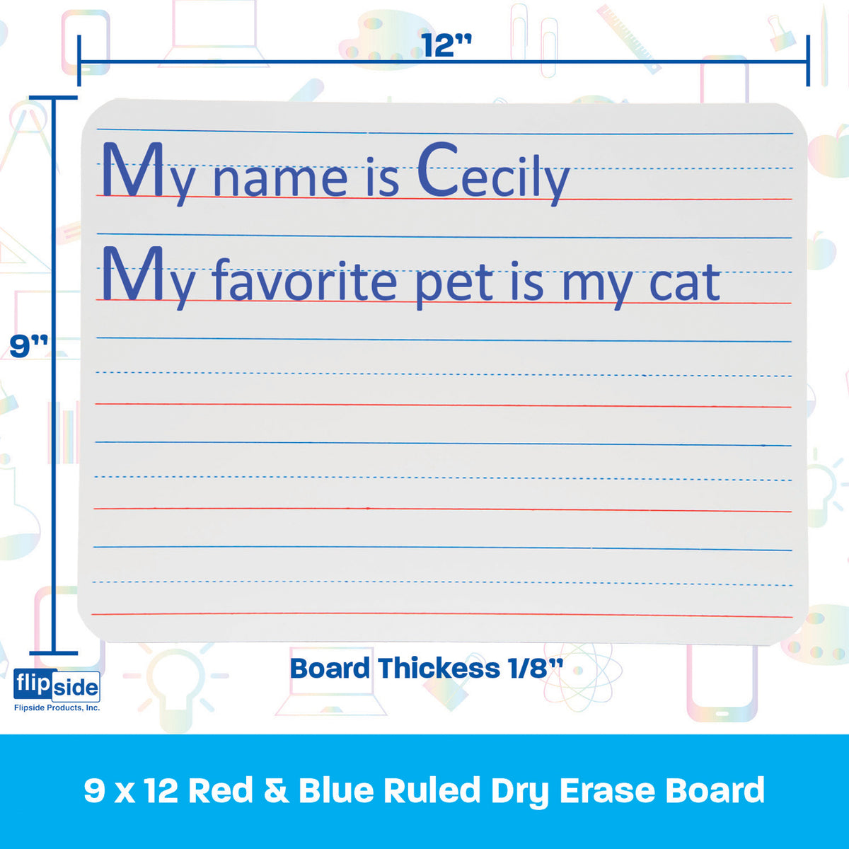 Two-Sided Dry Erase Board, Plain-Ruled, 9&quot; x 12&quot;
