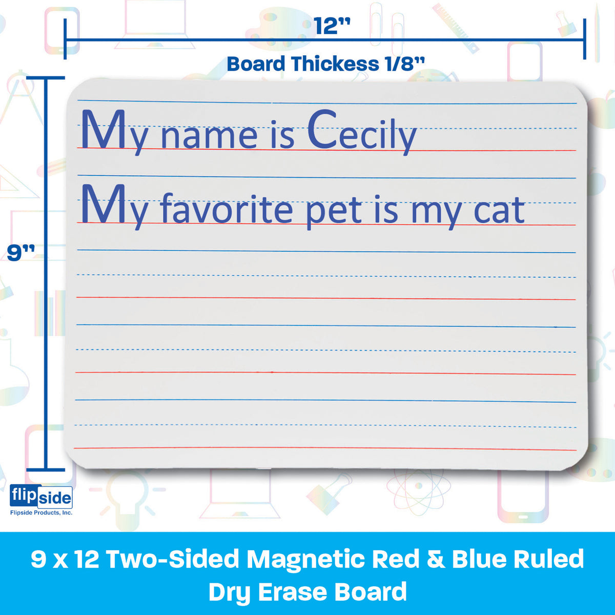 Two-Sided Magnetic Dry Erase Board, Plain-Ruled, 9&quot; x 12&quot;