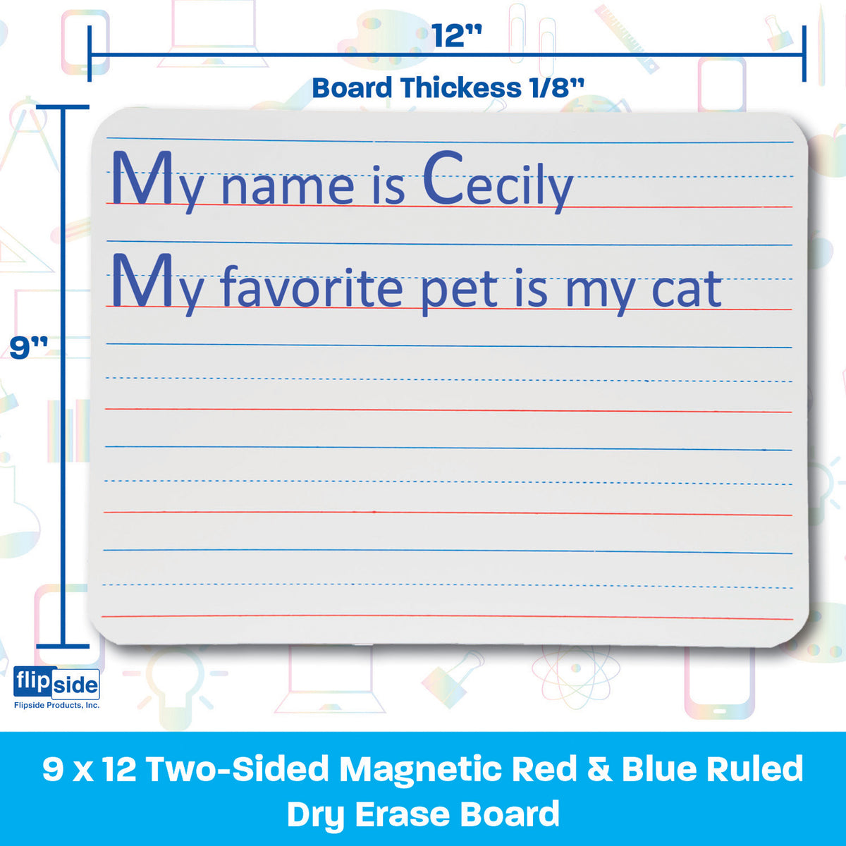 Two-Sided (Red &amp; Blue Ruled-Blank) Dry Erase Board, 9&quot; x 12&quot;, Pack of 12