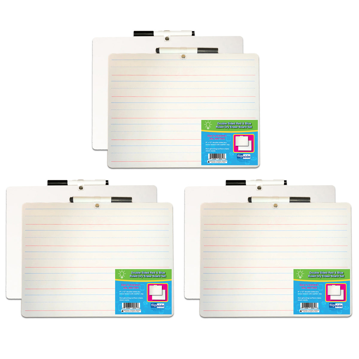 Two-Sided Primary Ruled-Blank Dry Erase Board with Attached Marker, 9&quot; x 12&quot;, Pack of 3