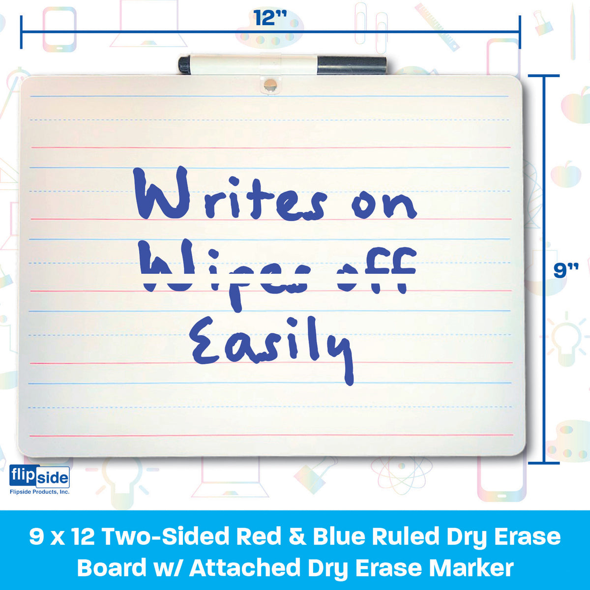 Two-Sided Primary Ruled-Blank Dry Erase Board with Attached Marker, 9&quot; x 12&quot;, Single