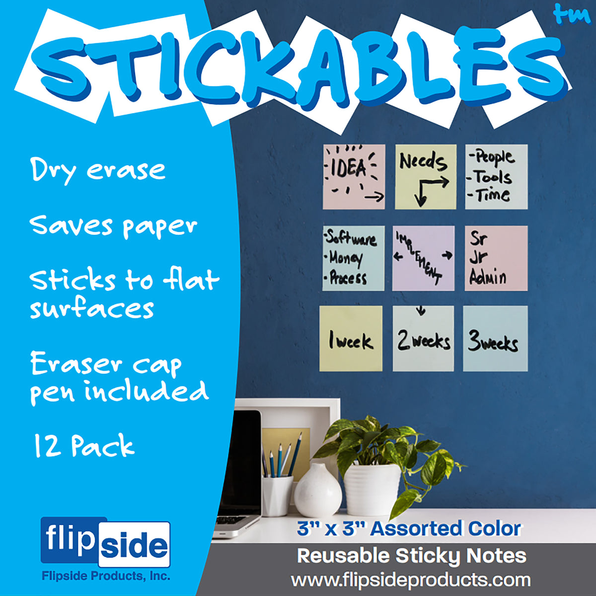 Dry Erase Stickables with Dry Erase Marker, Pastel Assorted, 3&quot; x 3&quot;, Pack of 12