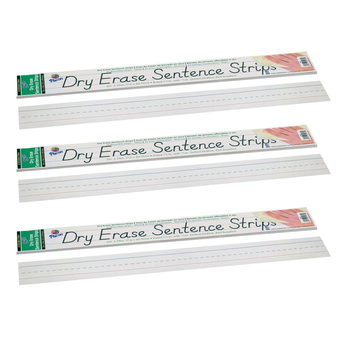 Dry Erase Sentence Strips, White, 1-1-2&quot; X 3-4&quot; Ruled, 3&quot; x 24&quot;, 30 Per Pack, 3 Packs