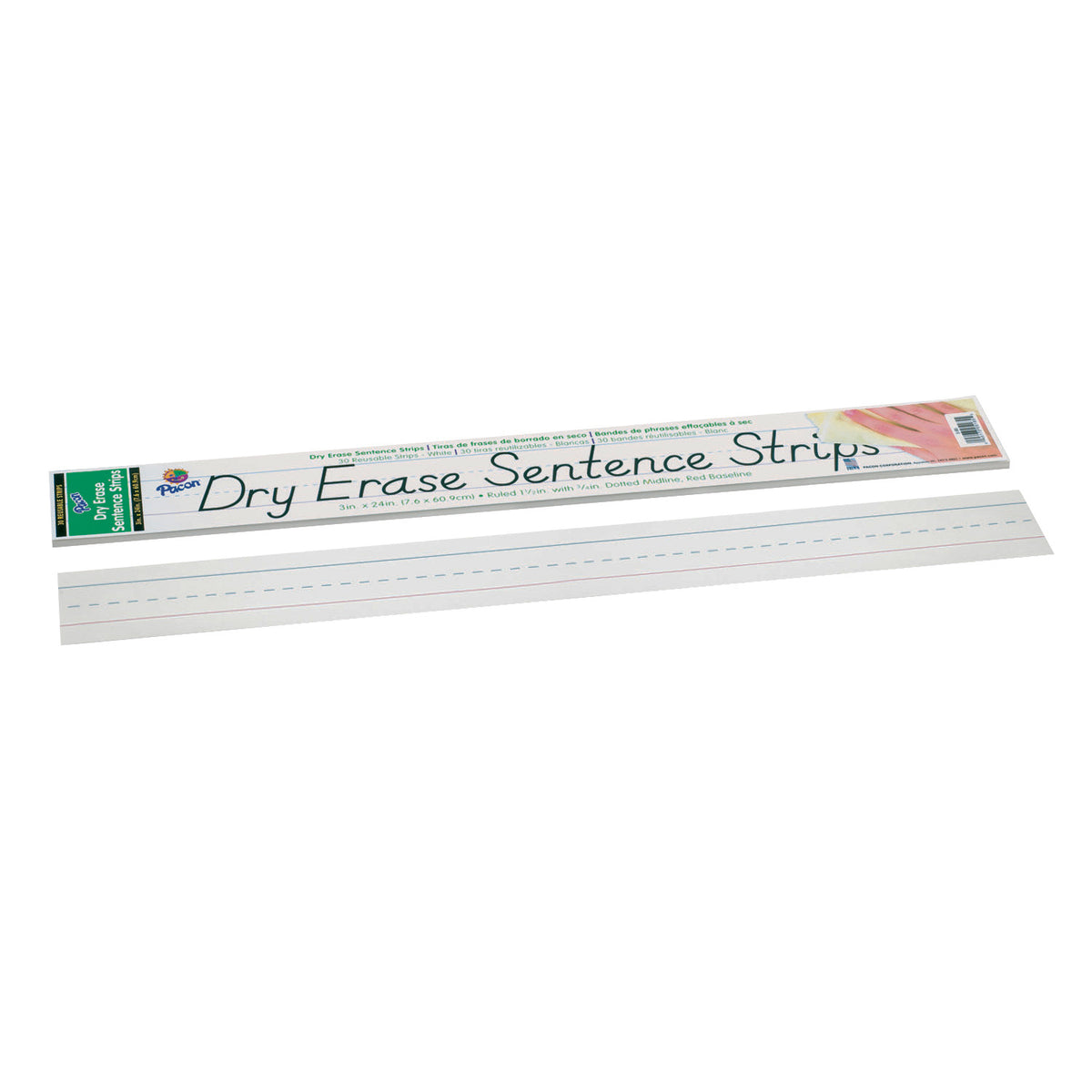Dry Erase Sentence Strips, White, 1-1-2&quot; X 3-4&quot; Ruled, 3&quot; x 24&quot;, 30 Strips
