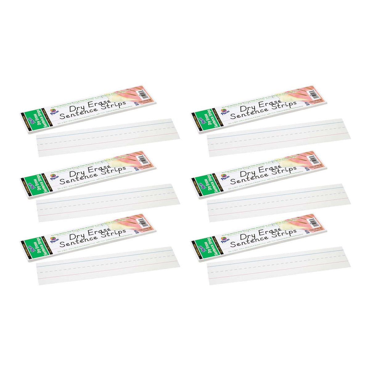 Dry Erase Sentence Strips, White, 1-1-2&quot; X 3-4&quot; Ruled, 3&quot; x 12&quot;, 30 Per Pack, 6 Packs