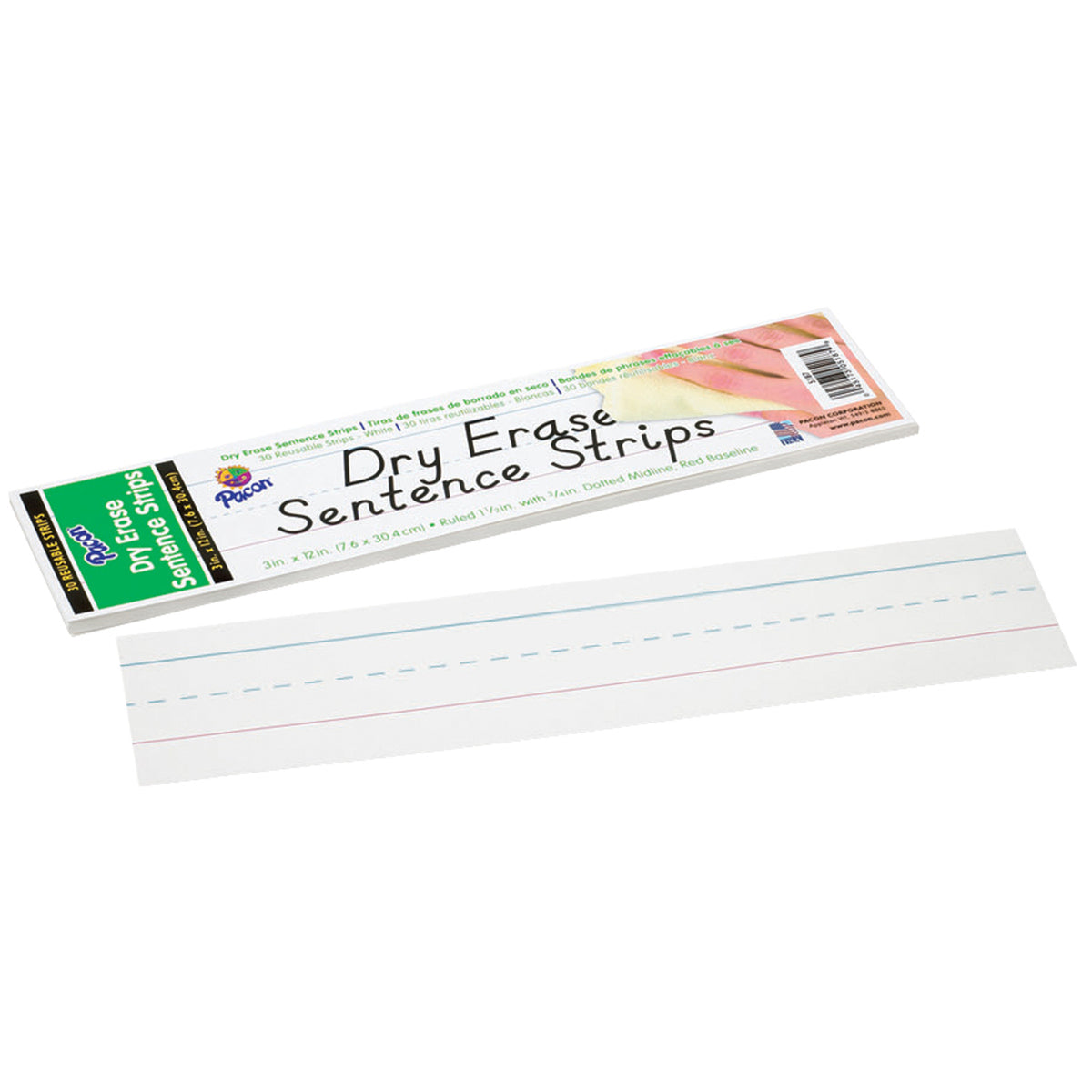 Dry Erase Sentence Strips, White, 1-1-2&quot; X 3-4&quot; Ruled, 3&quot; x 12&quot;, 30 Per Pack, 6 Packs