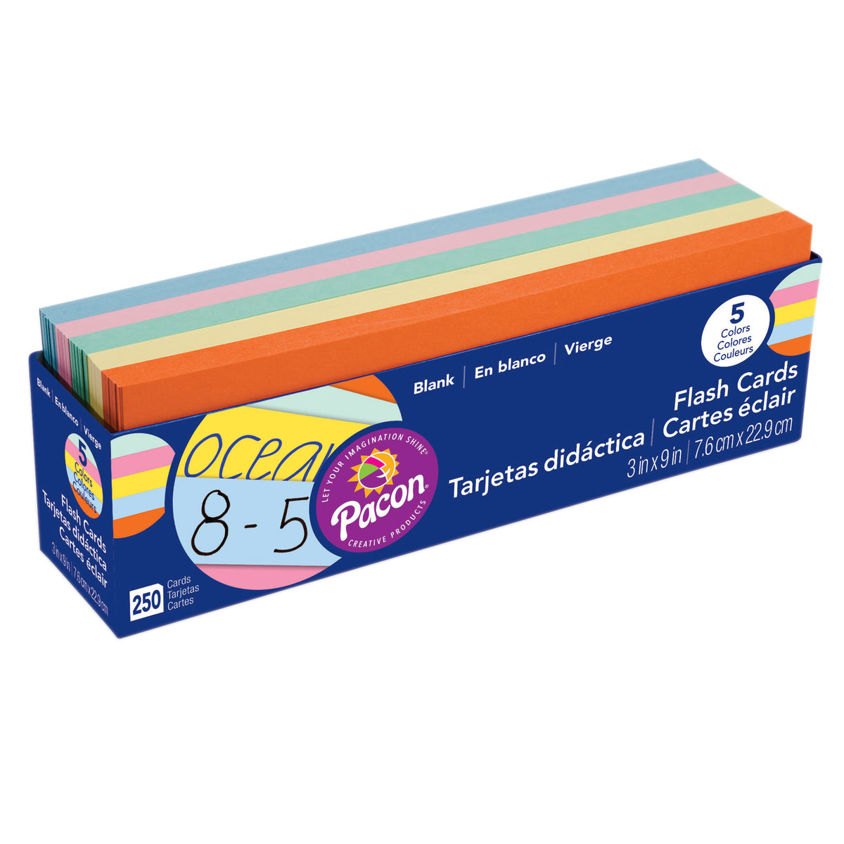 Blank Flash Card Dispenser Box, 5 Assorted Colors, Unruled 3&quot; x 9&quot;, 250 Cards