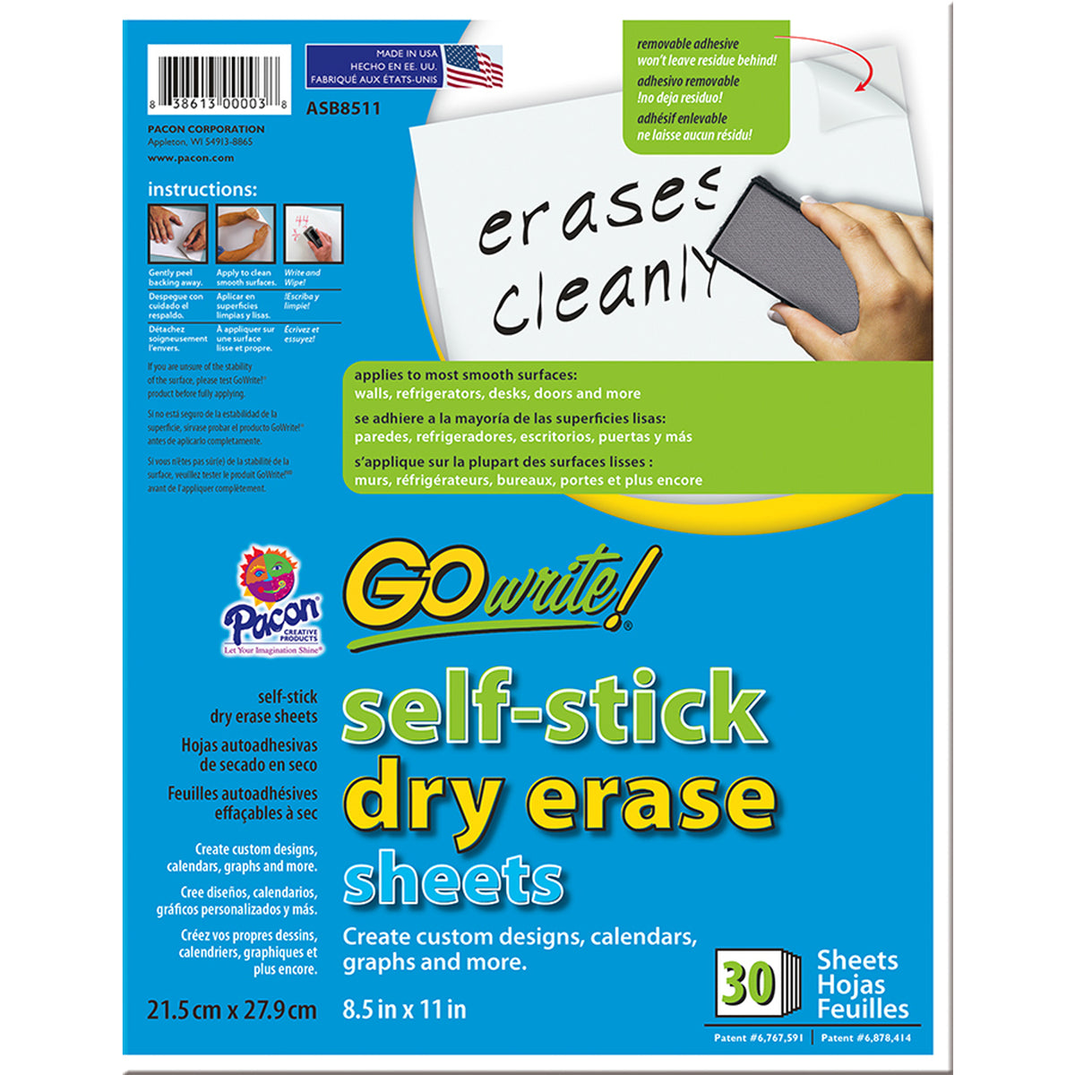 Dry Erase Sheets, Self-Adhesive, White, 8-1-2&quot; x 11&quot;, 30 Sheets