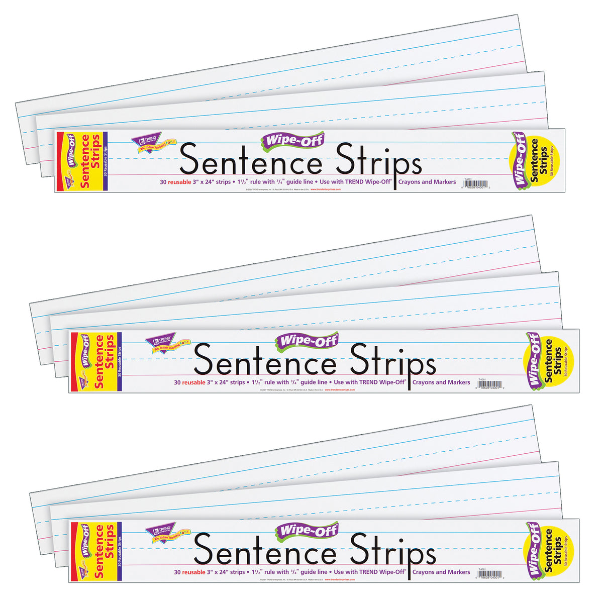 Wipe-Off® Sentence Strips, 3&quot; x 24&quot;, White, 30 Per Pack, 3 Packs