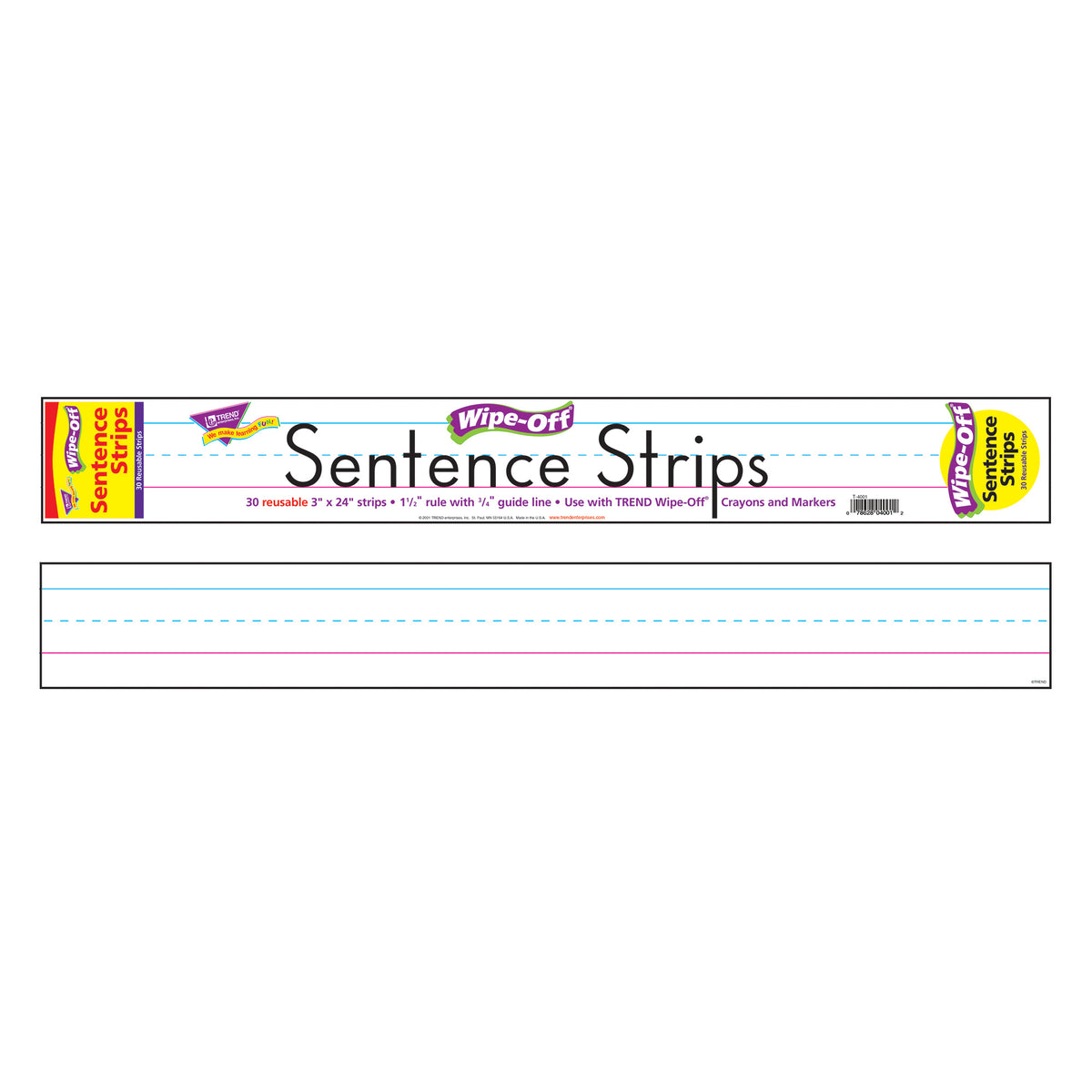 Wipe-Off® Sentence Strips, 3&quot; x 24&quot;, White, 30 Per Pack, 3 Packs