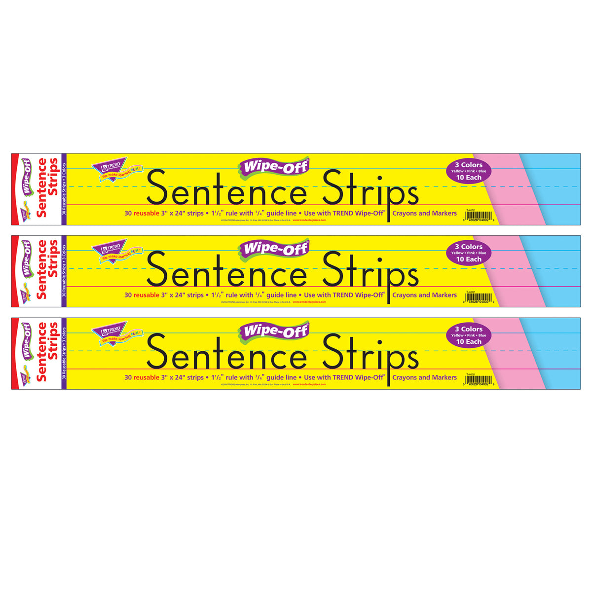 Multicolor Wipe-Off® Sentence Strips, 24&quot;, 30 Per Pack, 3 Packs